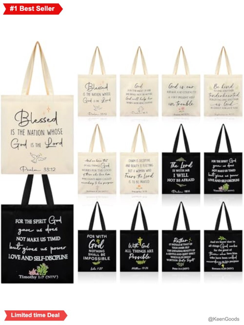Canvas Tote Bags Set of 12 Christian Bible Verse Inspirational Religious Gift